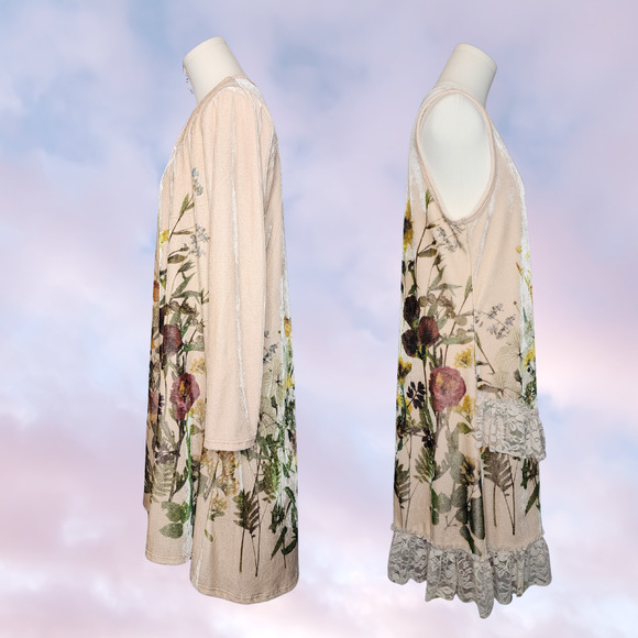 Vtg Vocal Two Piece Cardigan Dress Velvet Floral Flower Lace Layer Cottage Set - Picture 5 of 7